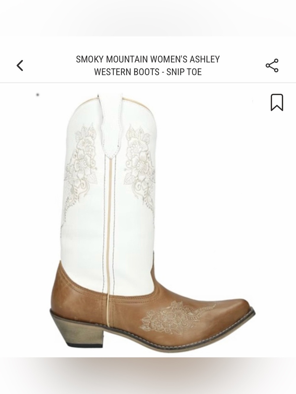 NWOT Smoky Mountain Women's Ashley Two-Tone Western Boots - White & Brown